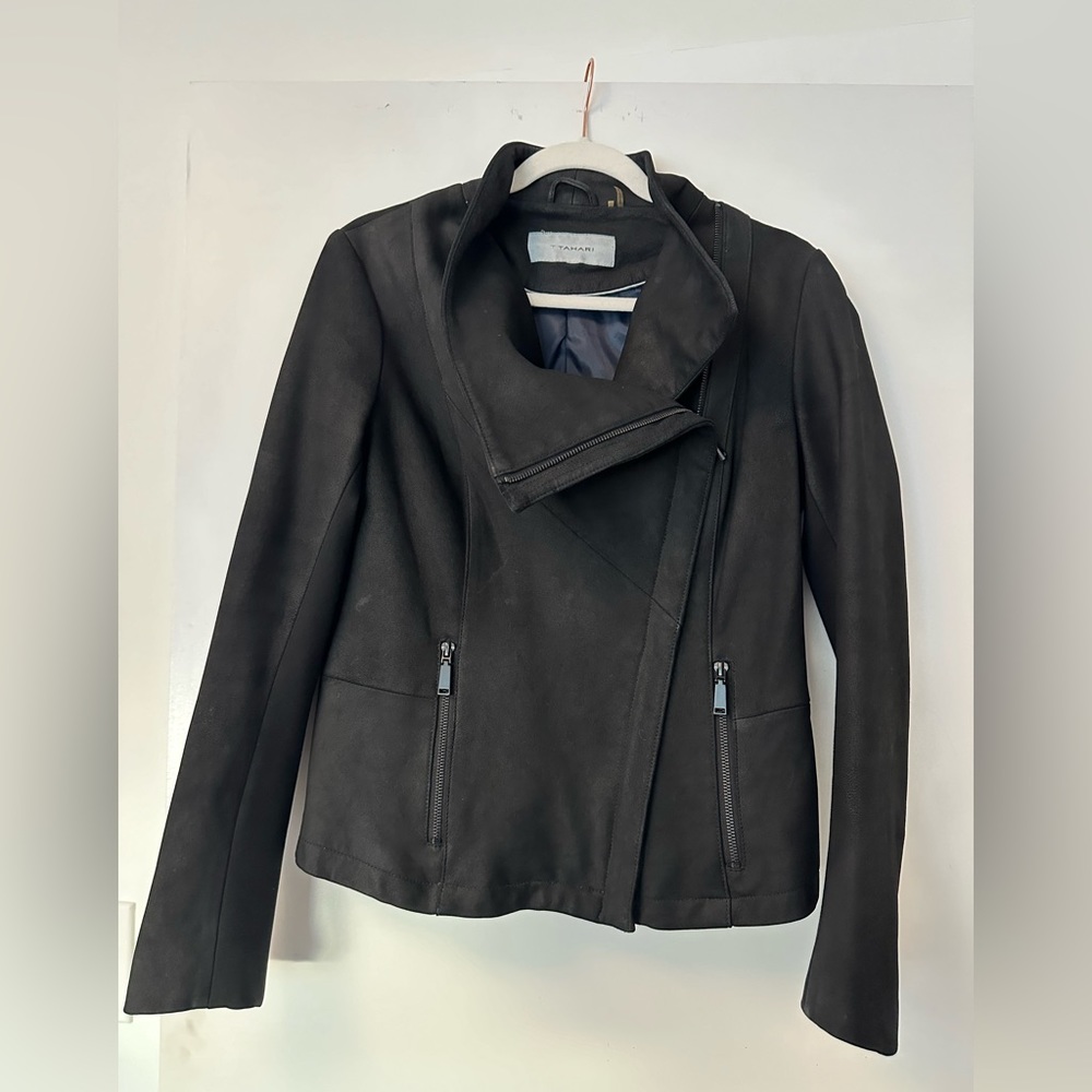 Tahari asymmetrical zip leather jacket